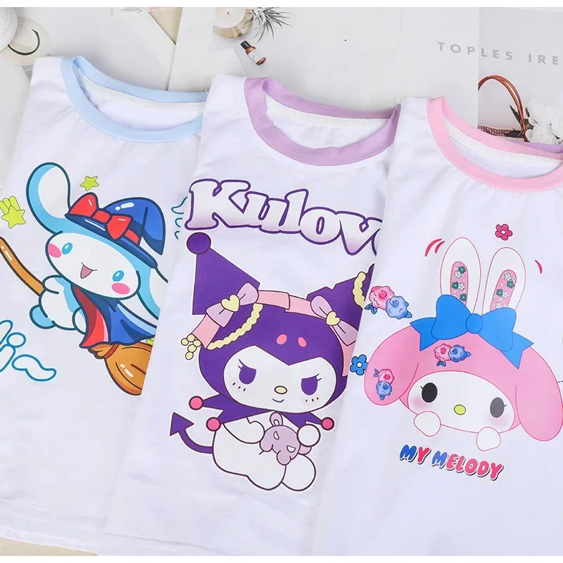 Sanrio camiseta de manga comprida infantil, My Melody Ins, fofa moda Cinnamoroll, calça casual de duas peças, presentes Kawaii, primavera e outono