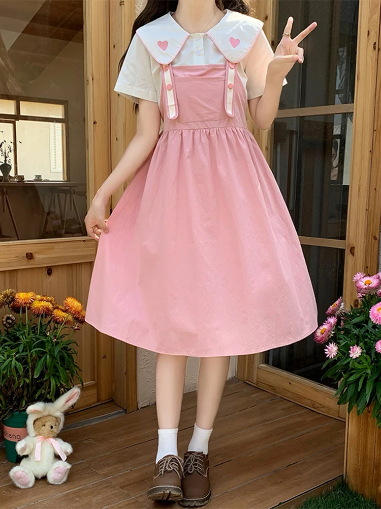 Vestido de estudiante suelto con cuello Peter Pan de colores contrastantes de estilo Preppy para niña, vestidos de moda al lado