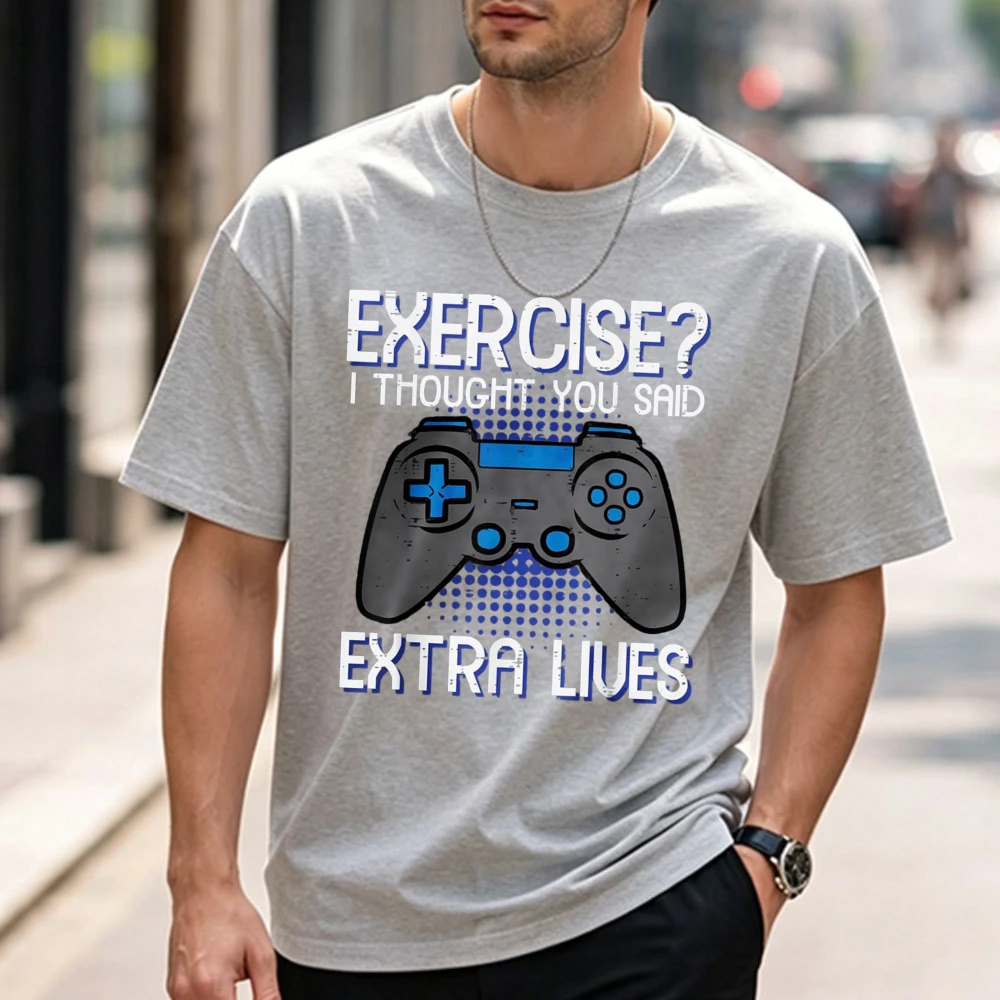 Gamer Exercise Thought Extra Lives Funny Gaming Men Boys Cotton T-Shirt Unisex Streetwear Funny Tshits Regular Short Sleeve Tees