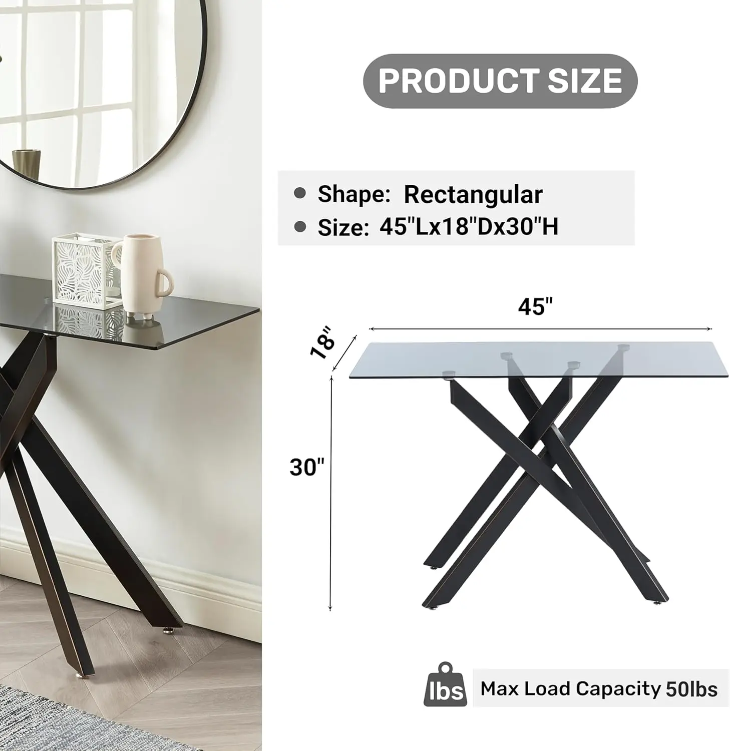 Mesa de console moderna de vidro preto com tampo temperado cinza e pernas de aro dourado, 45 x 18 x 30 polegadas