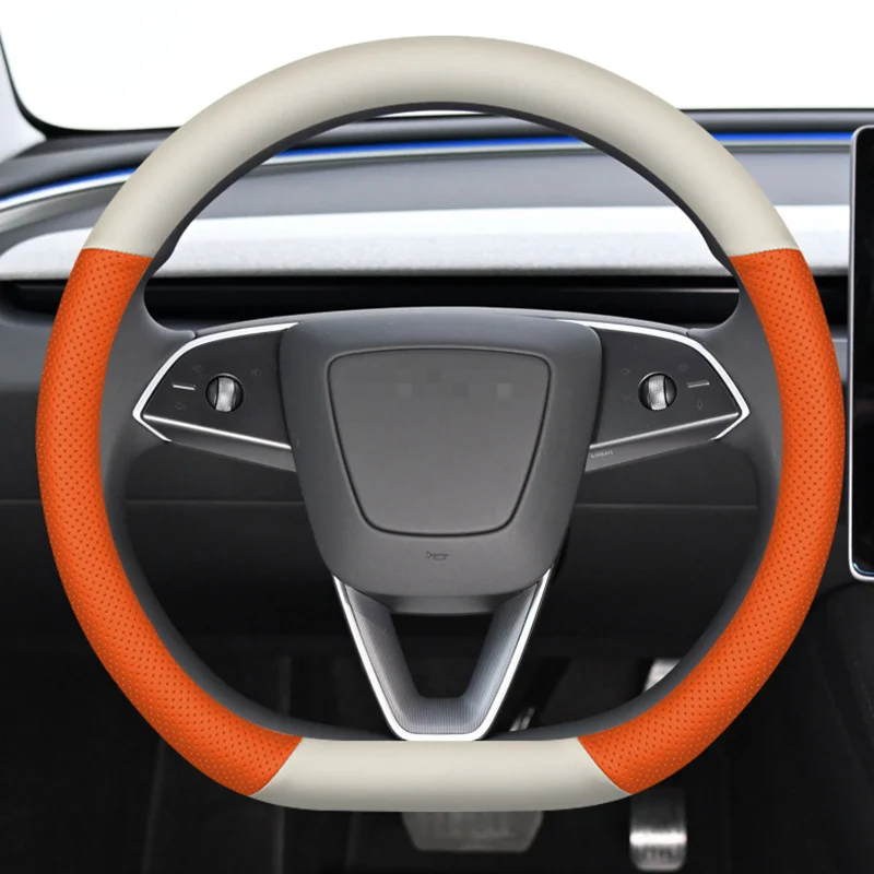 For Tesla Model 3 Model Y Steering Wheel Cover Genuine Leather All Season Breathable Non-Slip Car Wrap Protector