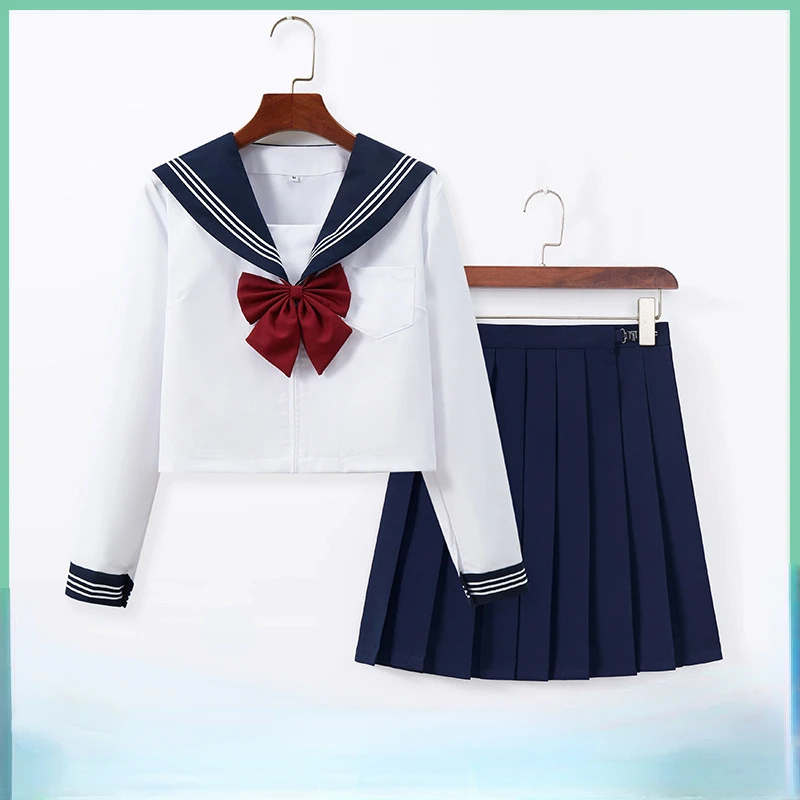 Saia plissada estilo japonês e uniforme escolar para mulheres, jk, colarinho preto, linhas brancas, roupas de marinheiro, roupas cosplay, fantasias anime, menina