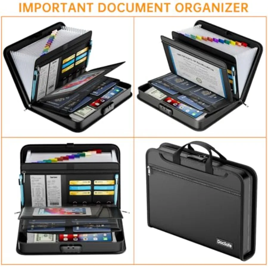 DocSafe accordeonmaporganizer met cijferslot voor thuiskantoor en reisgebruik: vuurvast waterbestendig uitbreidbaar desi