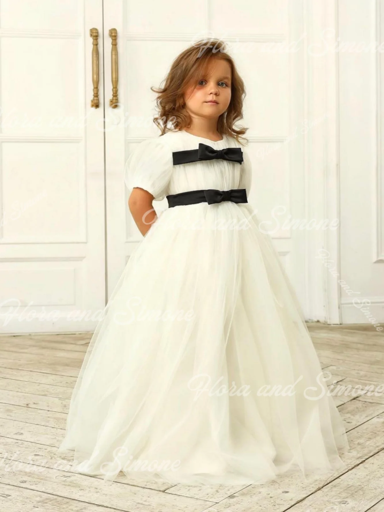 

Customized Elegant Chiffon Black bow Beautiful girl Flower Girl Dress for Wedding Ceremonies Formal Receptions First Communion