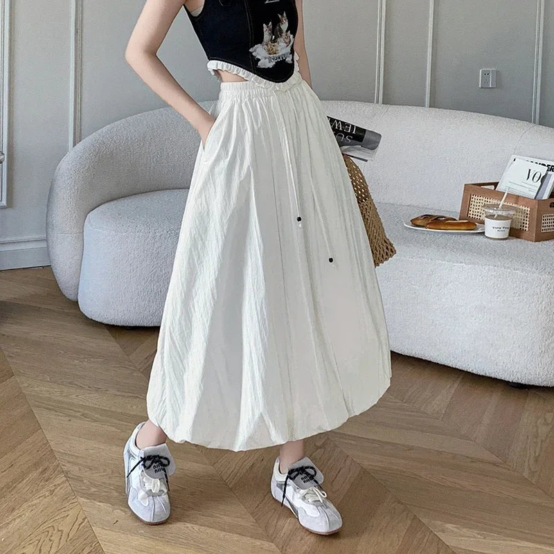 

Pop White Mid-length Skirts Womens New Summer Fashion High Waist Bubble Skirt Korean Style Ladies Casual Lantern Long Skirts