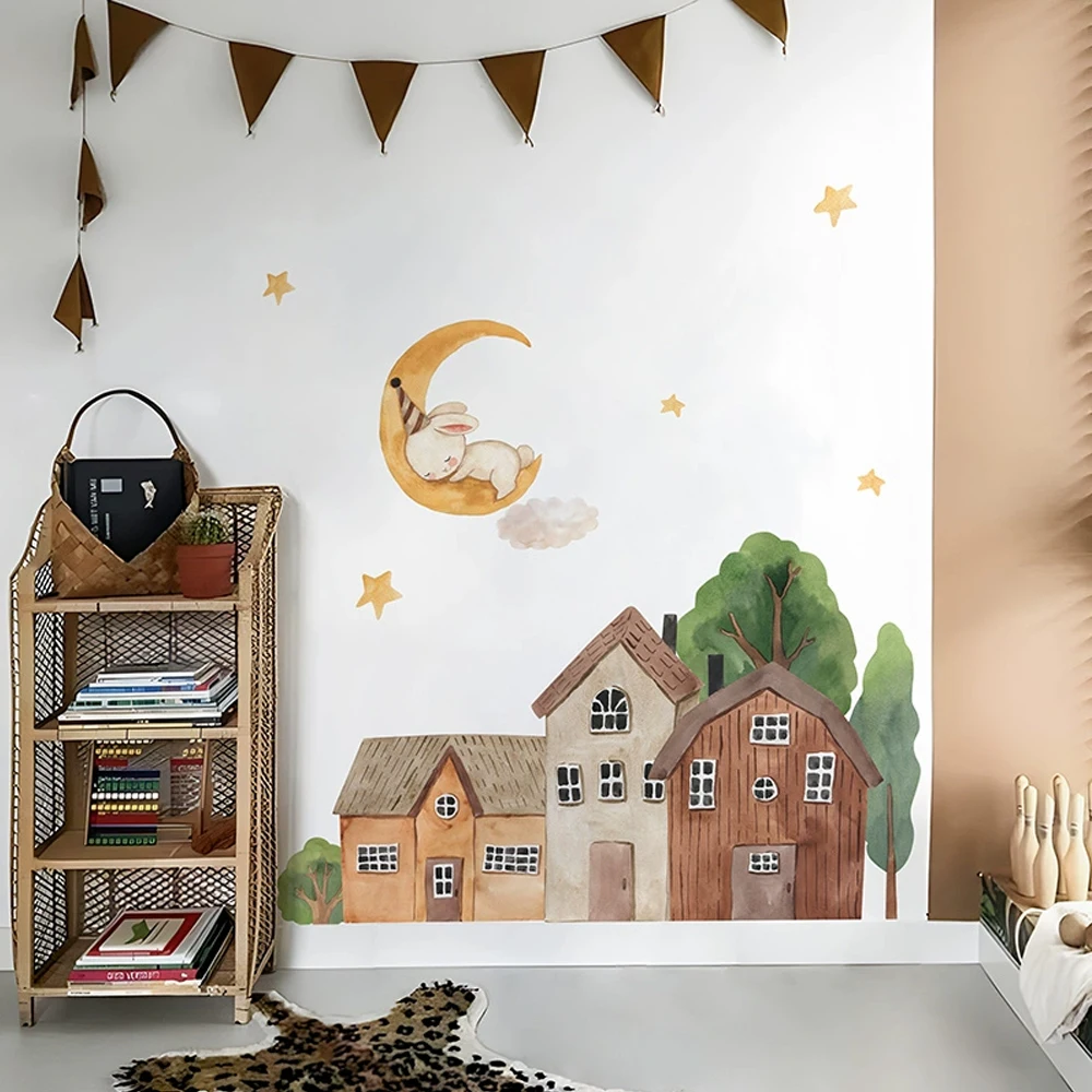 Fabric Cartoon Forest Vintage Town Wall PVC Moon Bunny Sticker DIY Kids Baby Room Wall Art Decoration for Bedroom Living Room