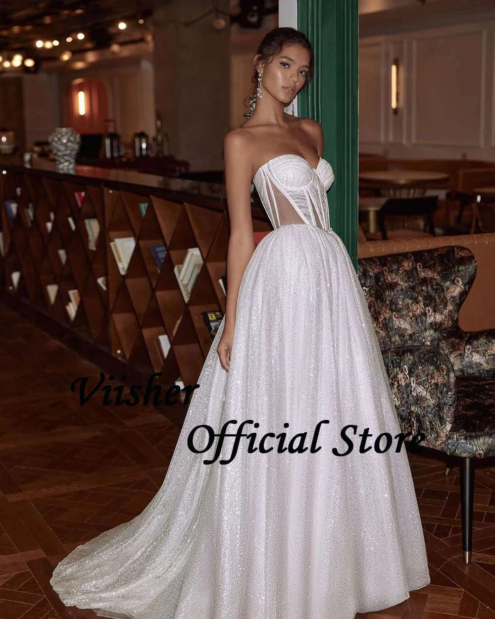 

Viisher Sparkly White Wedding Dresses Illusion Bone Corset Sweetheart Boho Bride Dress Vintage Princess Bridal Gowns Backless