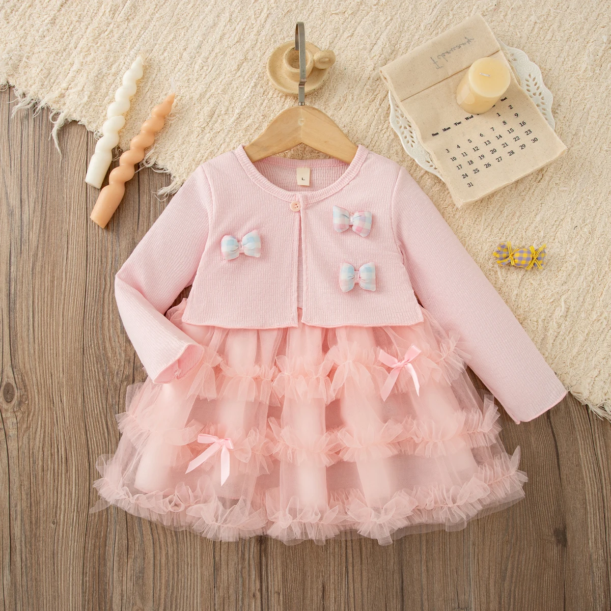 Girls Dresses Spring/Autumn Cotton Bow Mesh Cartoon Long Sleeved Baby Girl Dress Sweet And Lovely Princess Dress Baby Clothing