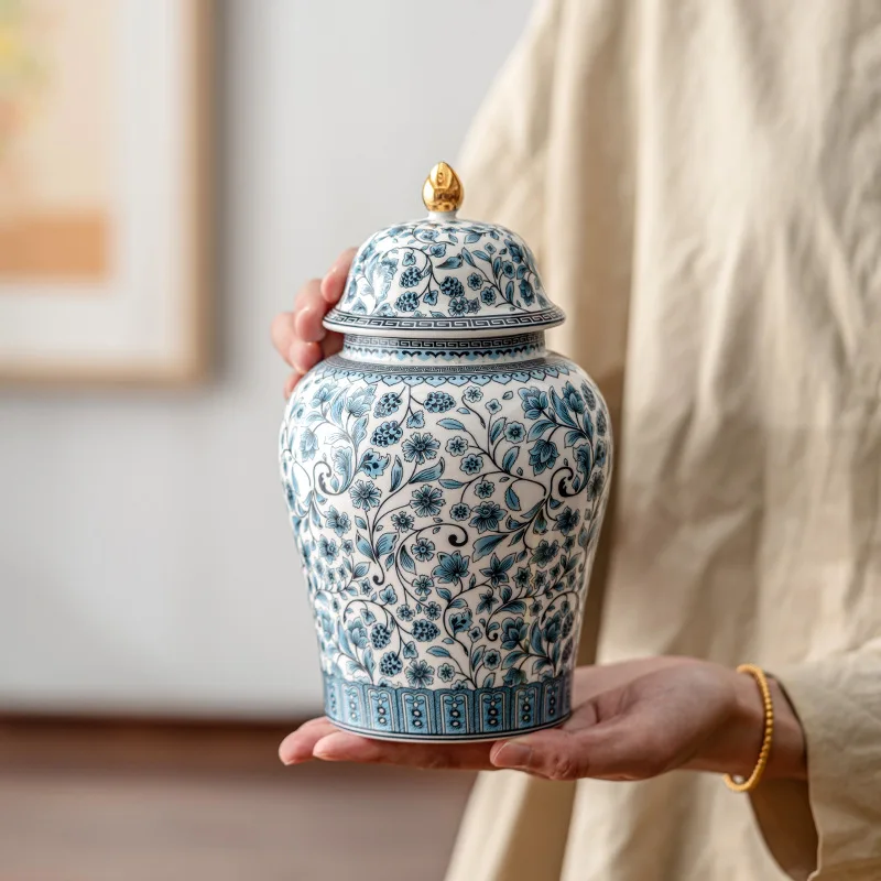 

Blue and White Porcelain Storage Jar Ginger Enamel Color Tea Tank Cans Teaware Canister Plated Ceramic Desk Home Decoration
