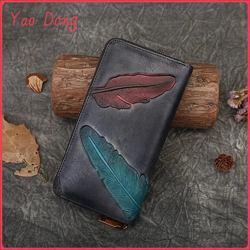 Yao Dong Retro Women's Wallets 2024 New Long Women Wallet Luxury Card Holder Embossed Handmade Phone Clutch Money Bag For Ladies