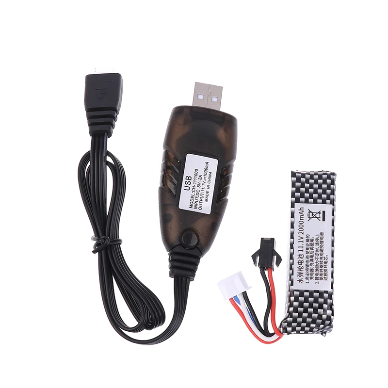 Battery 11.1V 2000mAh Gel Water Bead Blaster Batteries For Splatter Ball With Mini Connector To SM Plug Charger Cable