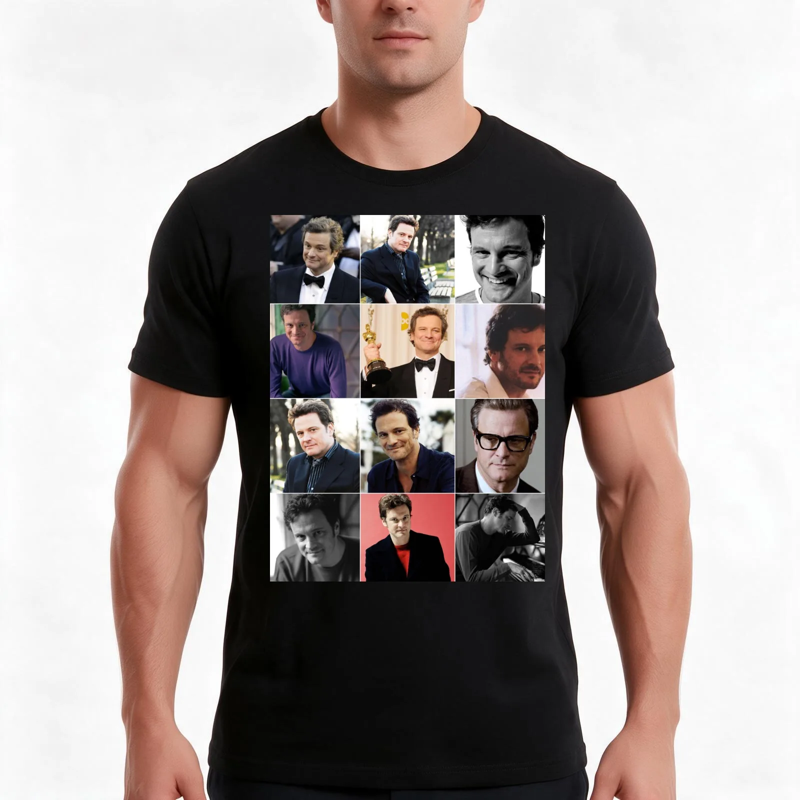 Colin Firth Photo Collage T-Shirt, Summer Casual Cotton Tee, Oversized Streetwear Tops, Vintage Graphic Print, Unisex Men Women