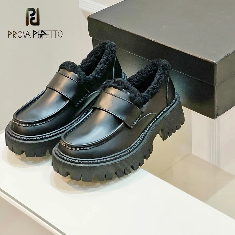 

Warm Wool in Ladies Winter Loafers Shoe Genuine Leather Chunky Heel Platform Big Round Toe Black Wine Red All Match Fashion Shoe
