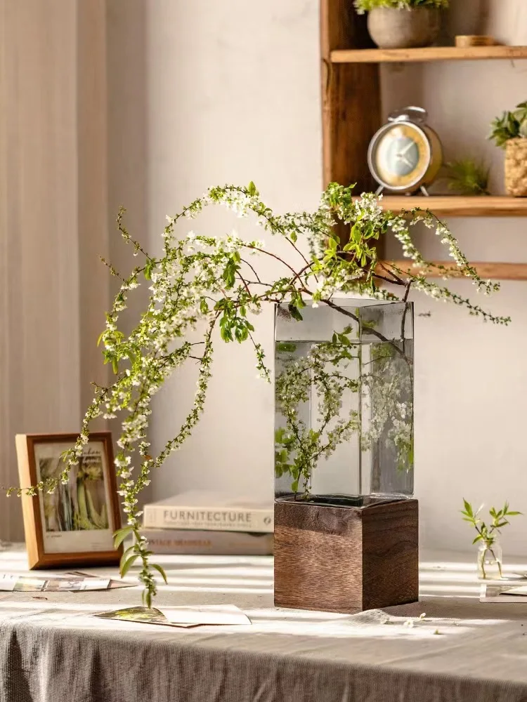 Square mouth wooden tray glass vase ornament, transparent water raising flowers living room dining table