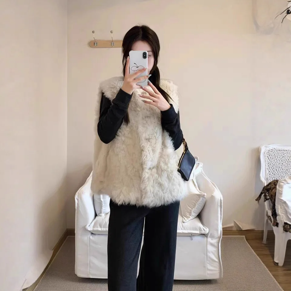 النساء فو الفراء سترة معاطف جاكيتات جولة الرقبة معطف سميكة الدافئة Y2k الشارع الشهير سترة أنيقة العمل سترات بلا أكمام الخريف الشتاء #4