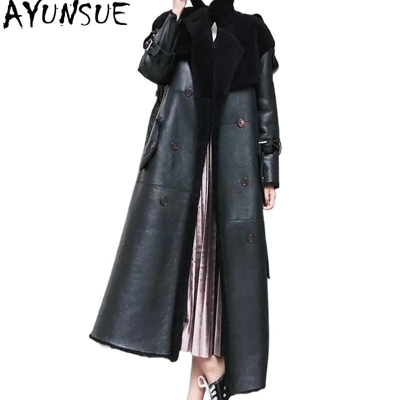 AYUNSUE 천연 양피 모피 코트 여성 메리노 양모 리얼 퍼 여성 코트 롱 스타일 겨울 의류 2025 Jaqueta Feminina