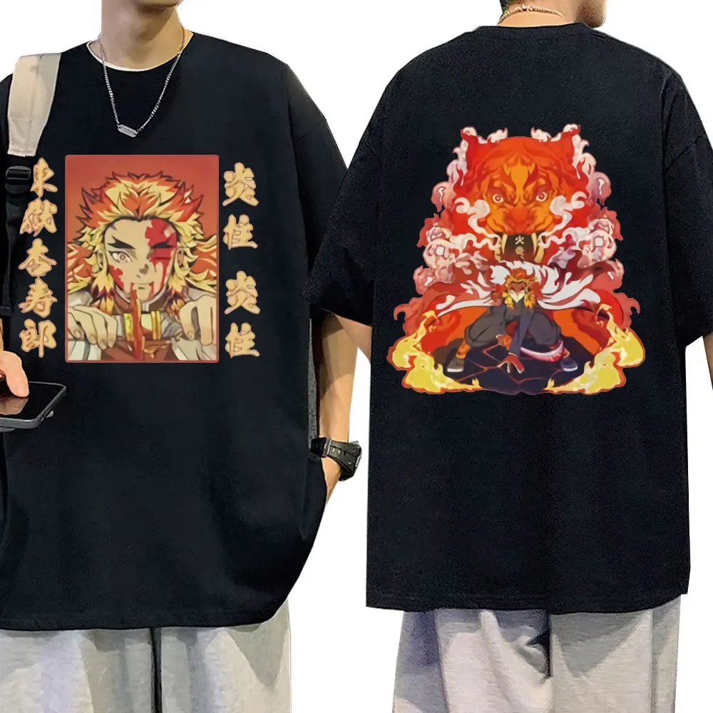 

Anime Demon Slayer Rengoku Kyoujurou Double Sided Graphic T-shirt Men Women Fashion Casual T Shirts Male Vintage Oversized Tees
