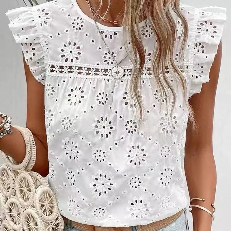 

Women Blouse Shirt New Summer Short Sleeve O-Neck White Hollow Out Blouse Shirt Women Tops Blouses Shirts Blusas Para Mujer Q287
