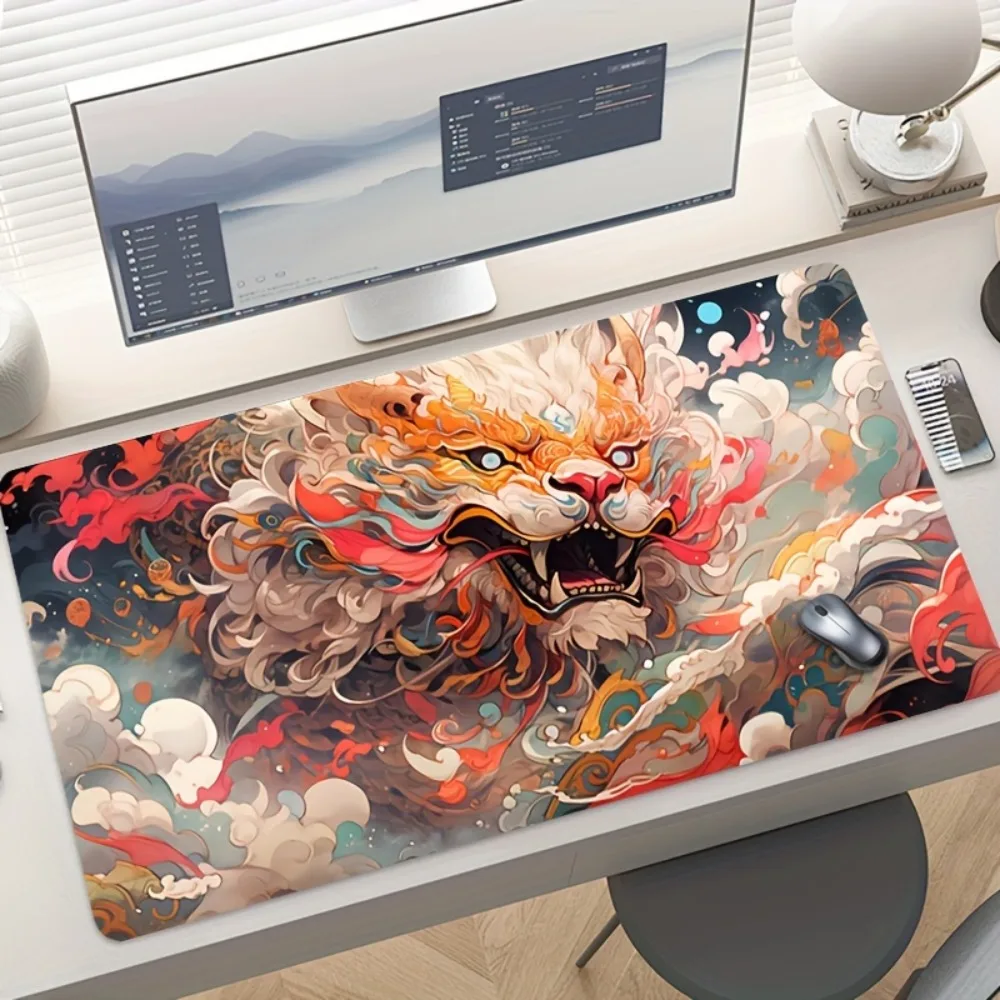 

Chinese Dragon Foo Dog Desk Mat, Large Gaming Mouse Pad, Oriental Aesthetic Waterproof Desk Blotter