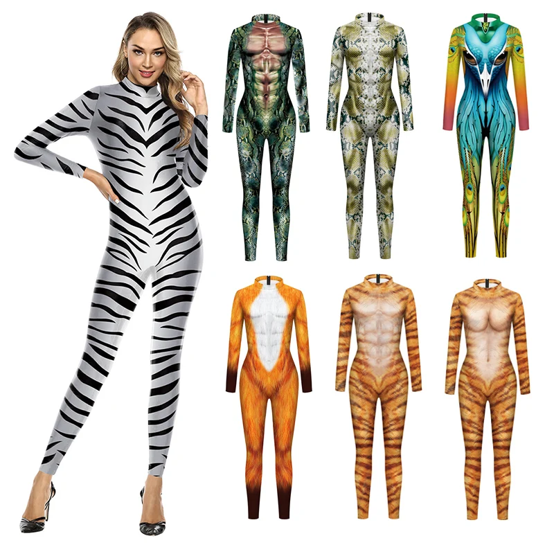Halloweenowy kombinezon zwierzęcy wąż przebranie na karnawał tygrys body kombinezon ze spandexu impreza karnawałowa występ na scenie element ubioru