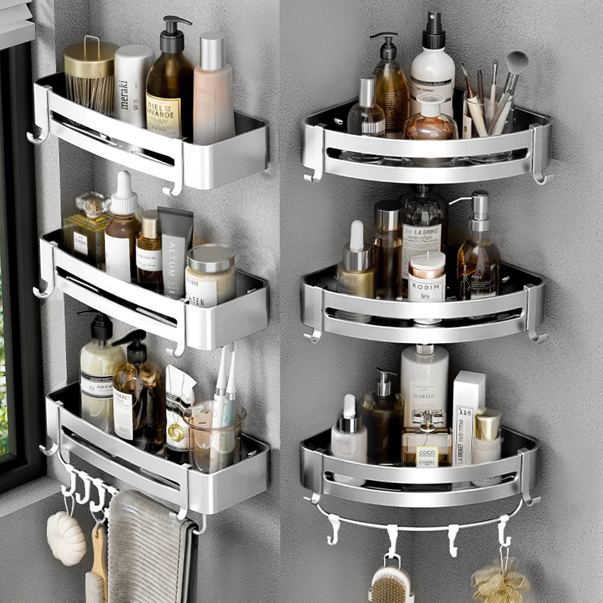 Aluminum Alloy Bathroom Shelf Without Drilling Bathroom Accessories Shampoo Rack Toilet Corner Wall Mounted Shower Shelf