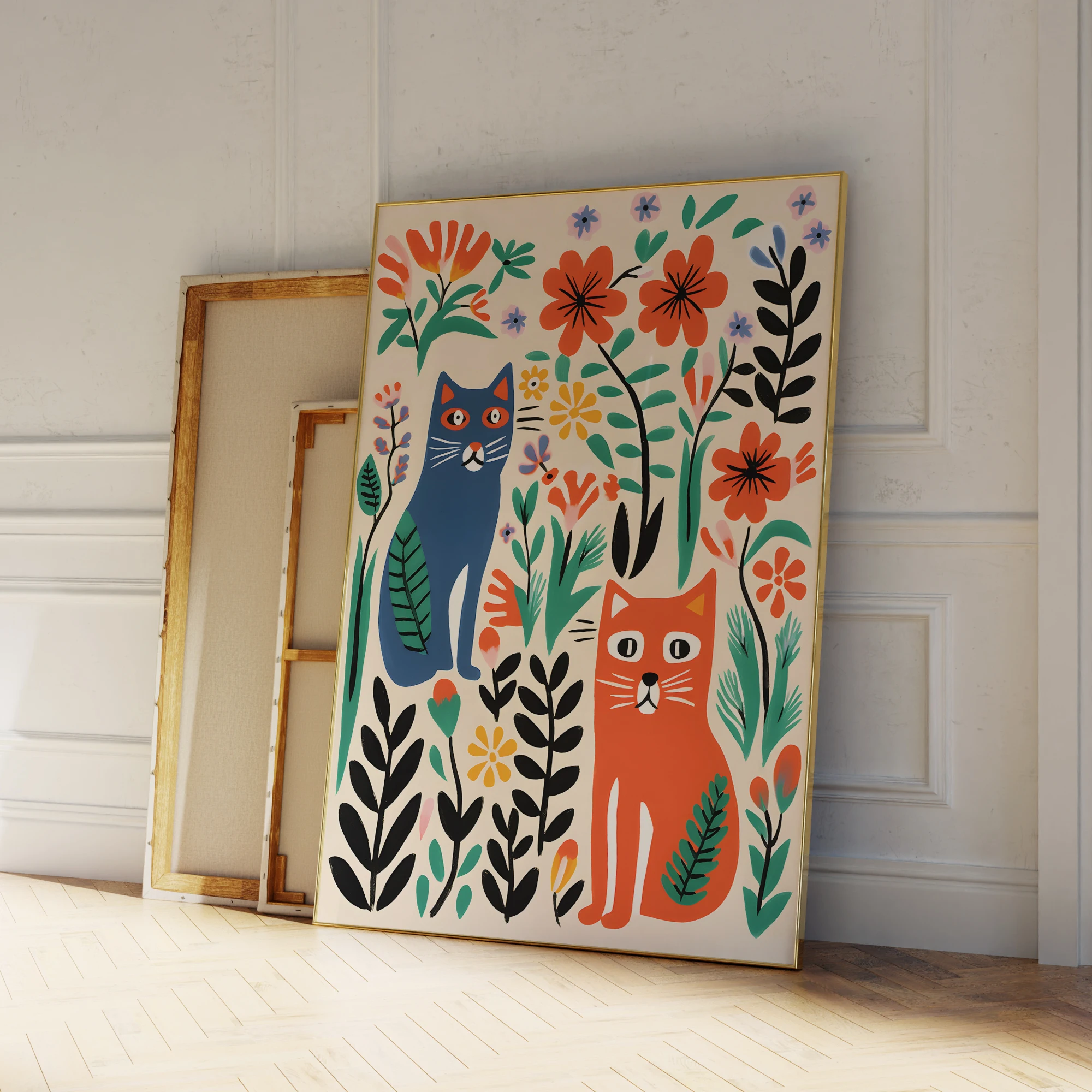 Moderne Cartoon-Farbe ist lebendig, niedliche Katzen und Blumen, Wandkunstdrucke, Leinwandgemälde, Poster, Bild für Wohnzimmer, Heimdekoration