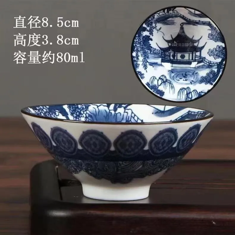 80 مللي الأزرق والأبيض الخزف مخروط فنجان الشاي مكافحة التحجيم رسمت باليد طبق شاي سيراميك السفر التأمل كوب طقم شاي صيني