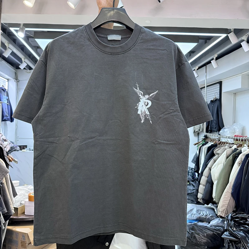 

Washed Casual American High Street Hip Hop REP Angel Large R Letter Pattern Print Loose Short Sleeve T-Shirt Trendy round Neck