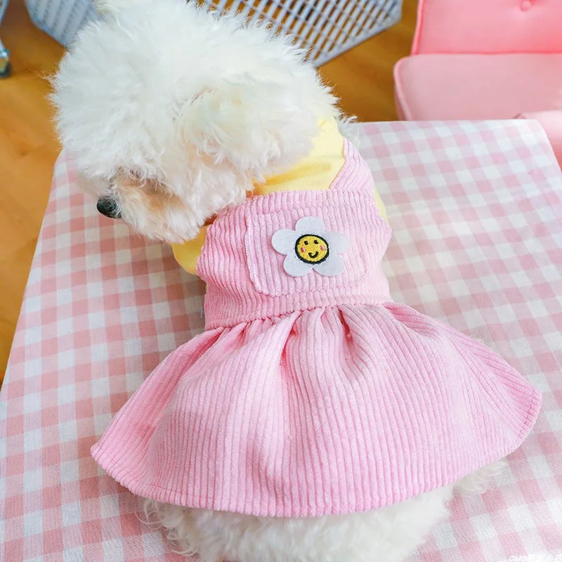 1PC Pet Clothing Spring and Autumn Pink Smiling Face Sunflower Strap Skirt Suitable for Small and Medium sized Dogs