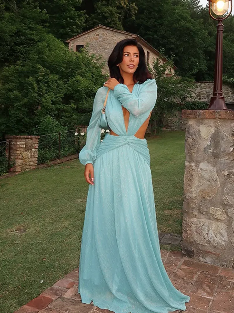 

V-neck Long Sleeve Backless Dresses Vacation Party Vestidos Women Solid Shiny Thread Maxi Dress Fashion Hollow Out