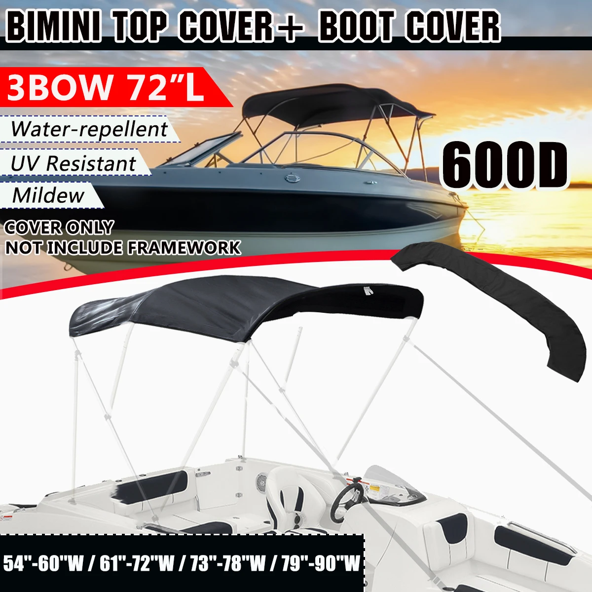 

600D 3 Bow Bimini Top Boot Cover No Frame Waterproof Yacht Boat Cover With Zipper Anti UV Dustproof Cover Marine Accessories