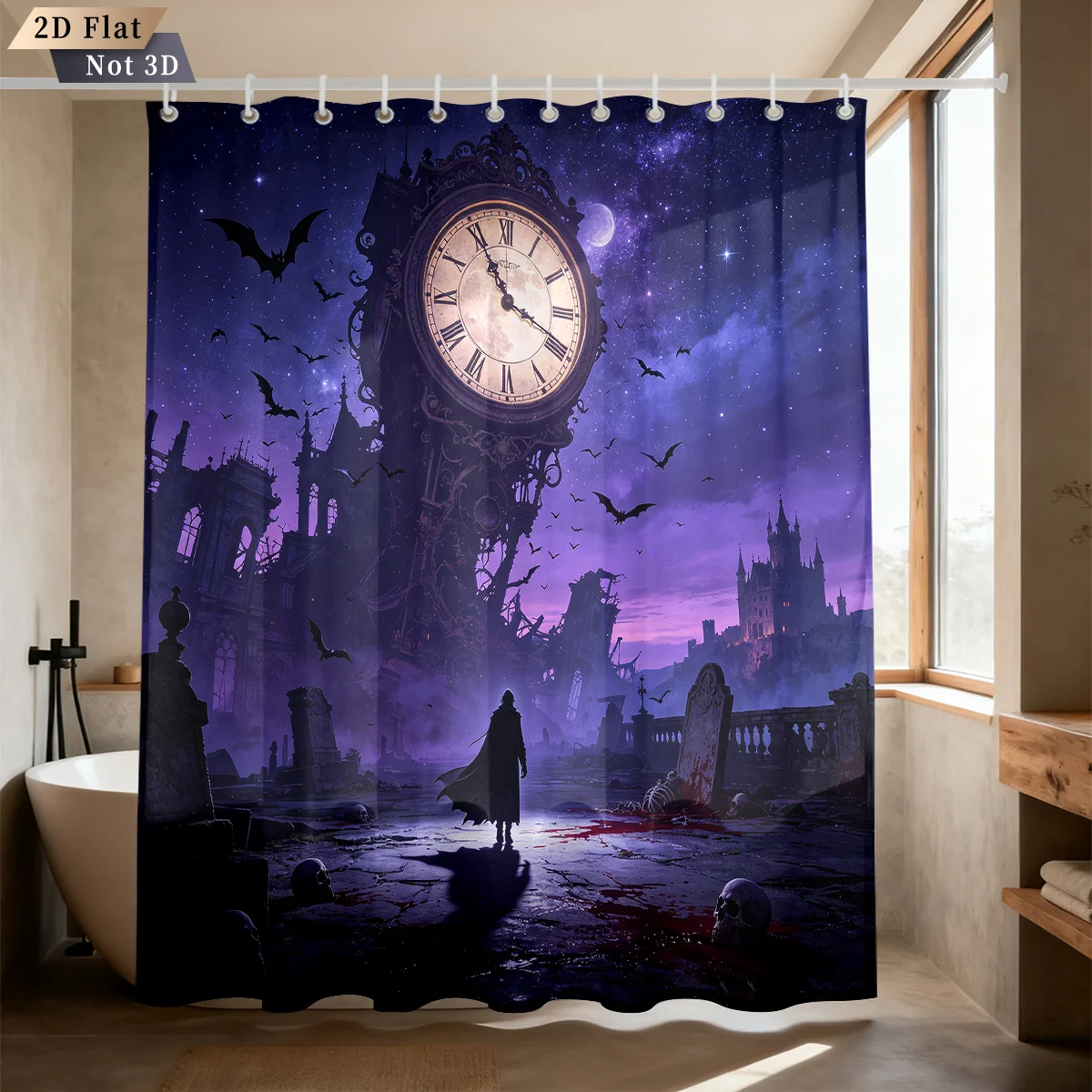 Dark Fantasy Gothic Ruins Big Clock Bat Moon Starry Pattern Bath curtain Cozy Plush Bedspread Portable Travel Blanket