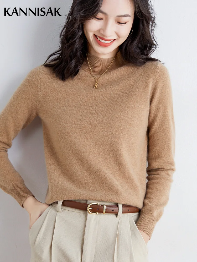 Womens Sweater Warm Autumn Winter Brown Pink Mock Neck Stretch Bottoming Sweaters Slim Female Knitted Pull Cashmere Jumper Tops