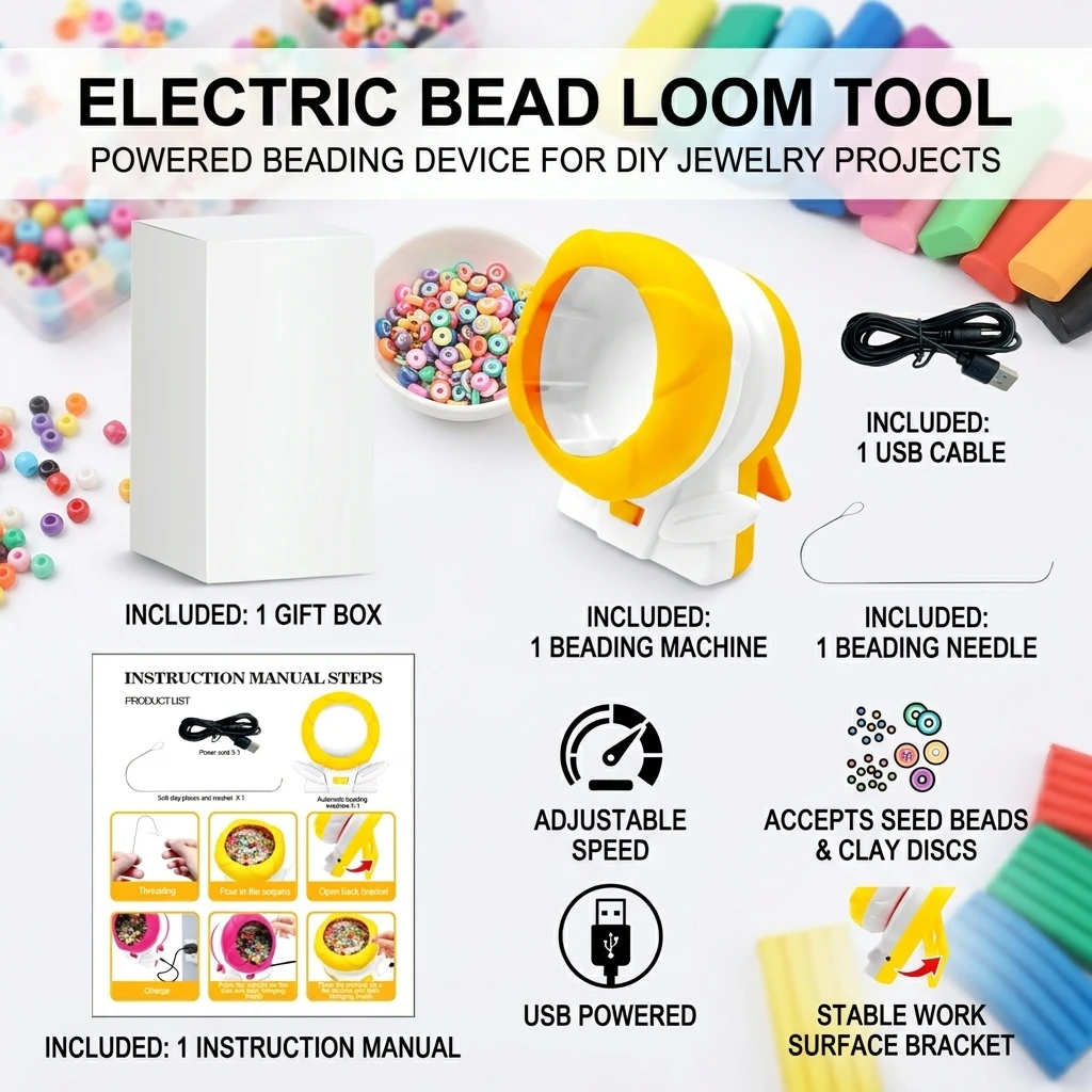 Electric Bead Stringing Machine USB Powered DIY Bead Threader for Seed Beads and Polymer Clay Slices