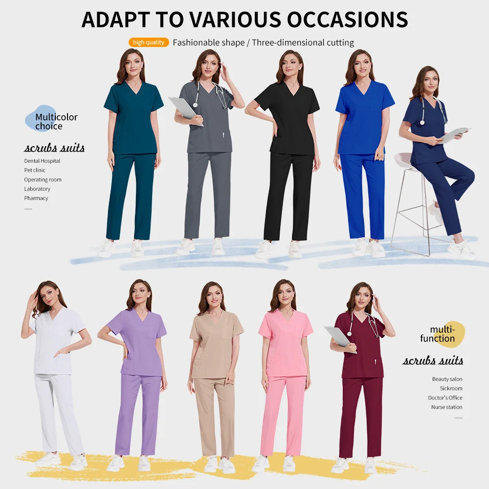 Esfoliantes uniformes das mulheres dos homens atacado clínica dentária conjunto médico farmacêutico enfermeira acessórios pet aliciamento cirúrgico topos calças conjuntos