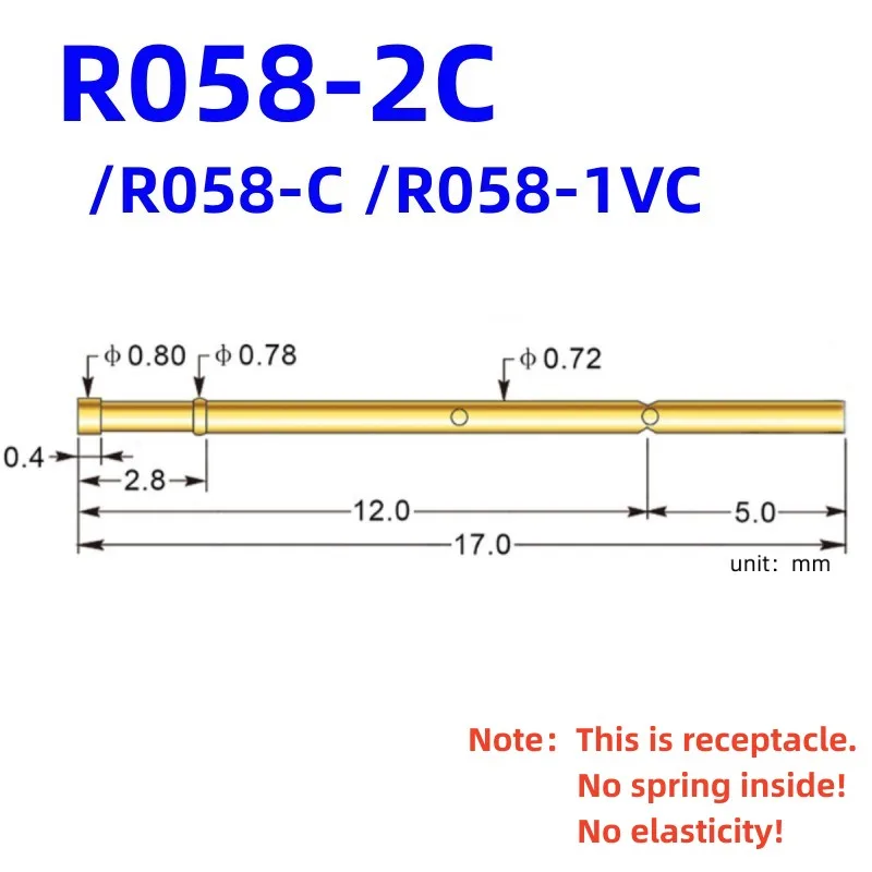 20/100PCS R058-2C Test Pin P058-B Receptacle Brass Tube Needle Sleeve Seat Probe Sleeve Length 17mm Dia 0.72mm R058-C R058-1VC