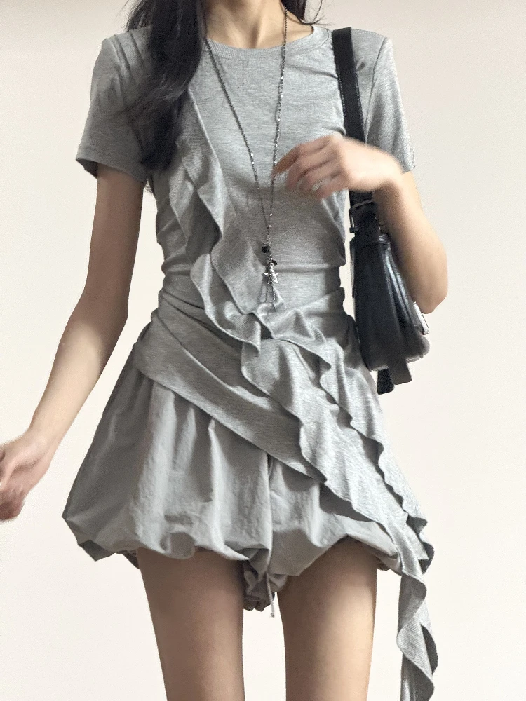 

Y2k Harajuku Vintage Matching Sets Ruffles Patchwork Irregular T Shirts+high Waist Mini Flower Bud Skirt Summer Women's Clothing