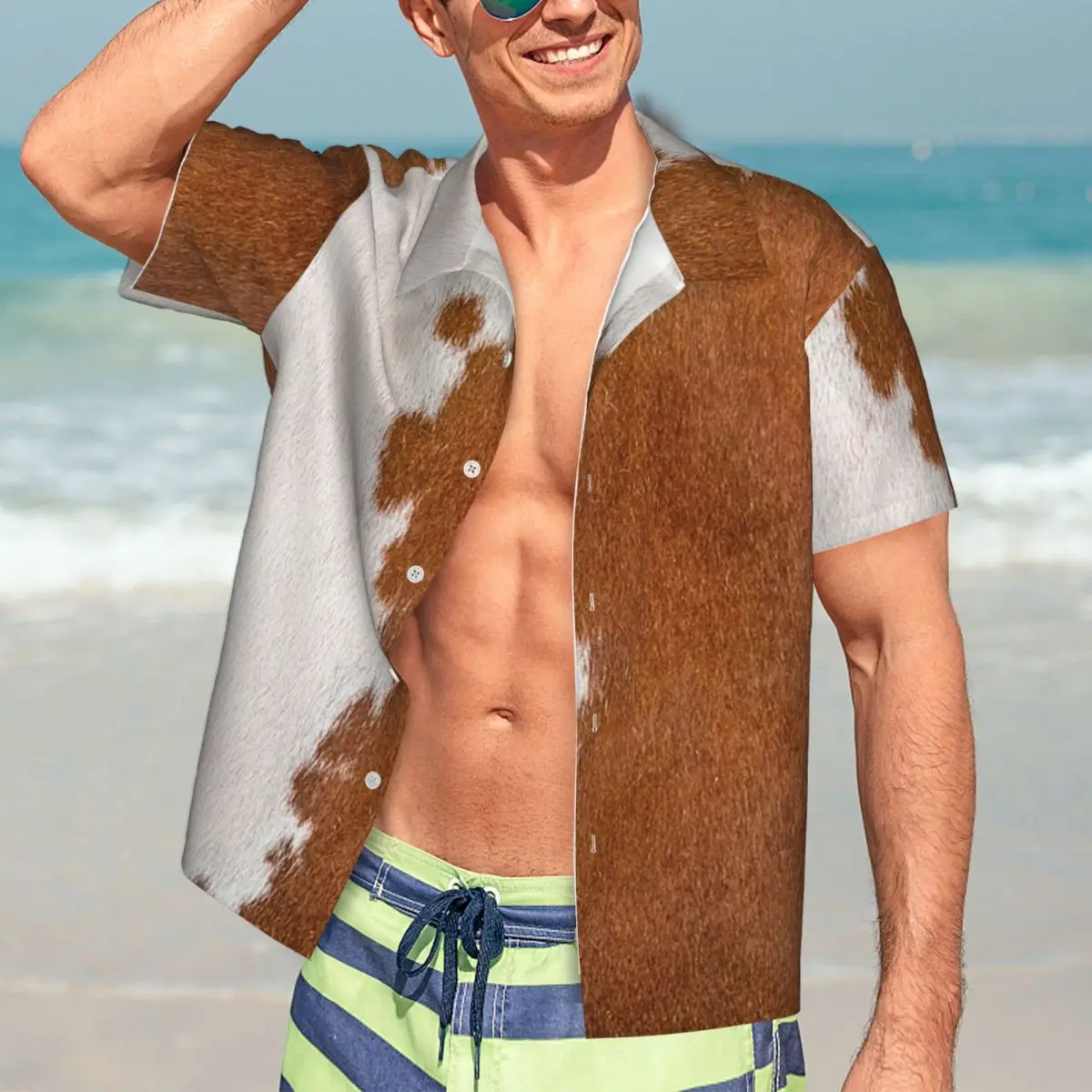 

Стильные гавайские рубашки из воловьей кожи с текстурой коровьего меха, модная мужская рубашка с коротким рукавом для лета, пляжа, мужские топы на пуговицах