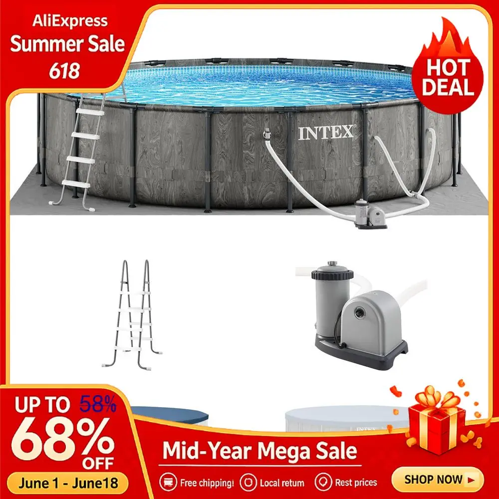 

Prism Frame Round Above Ground Outdoor Swimming Pool Set with Filter Pump, Ladder, Ground Cloth, and Pool Cover, Greywood,Custom