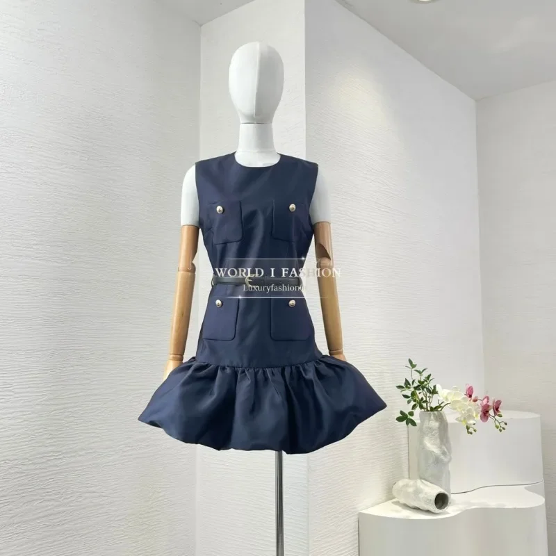 2025 New Navy Blue Sleeveless Pocket Patchwork Floral Bud Mini Dress