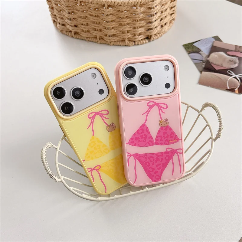 Cute Bikini Bow Phone Case For iPhone 15 16 17 Promax Pink Yellow Leopard Pattern Camera Lens Protection Shockproof Girls Cover