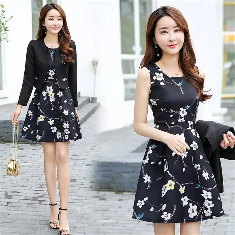 

Korean Version Set Dress Pink Black Female Short Blazer And Print Dresses Two Piece Set Fat High Waist Slim Fit Large Size 3XL