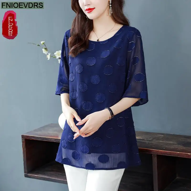 L-5XL Loose Clothes 2023 Women European Fashion Elegant Office Lady Dot Casual Tunic Belly Peplum Tops And Blouses