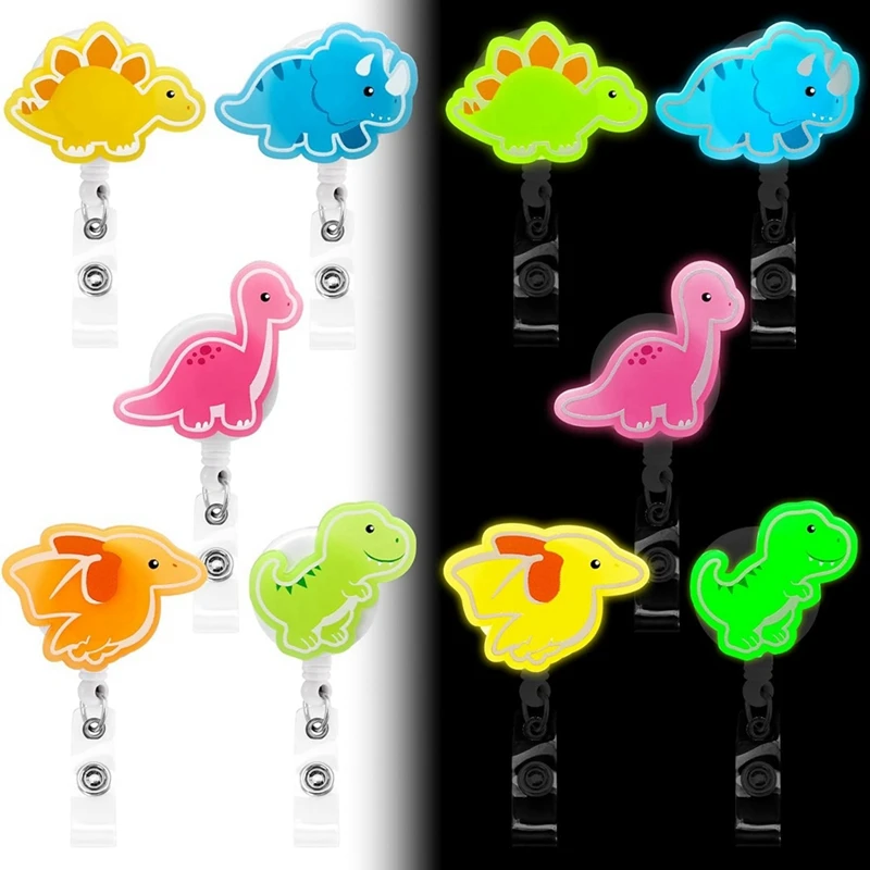 Dinosaur Badge Reels 5PCS Glowing In The Dark Nurse ID Badge Holder Retractable Clip Night Shift Luminous Badge Gifts Durable