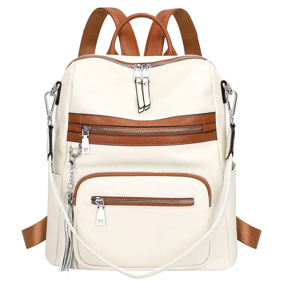 

Genuine Leather Backpack Purse for Women Large Shoulder Bag With Laptop Compartment Multiple Pockets S106 Beige Brown
