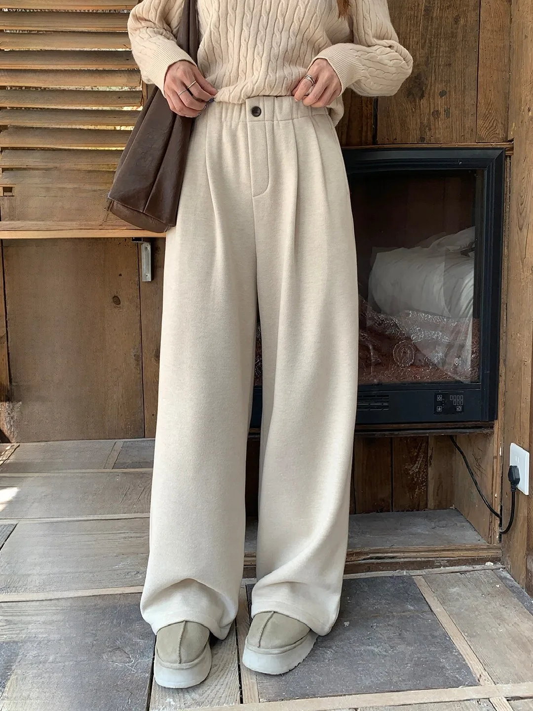 

Casual Wide Leg Pants Woolen Loose Fit Commuter Versatile Comfortable Spring New Sle High Waist Button Pure Color Leisure P...