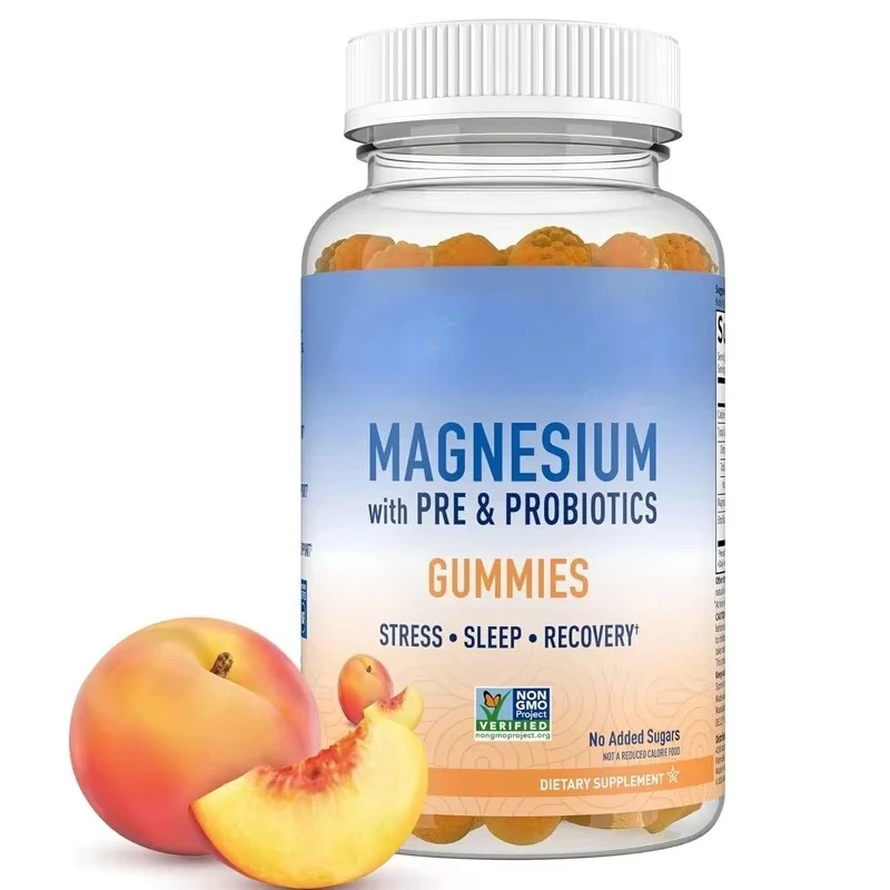 

Дополнение с магниевым цитратом на 400 мг, содержащий пребиотики и пробиотики, без глютена, без ГМО, 60 капсул, веганские персиковые жевательные конфеты.