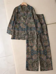 Set da donna in 3 pezzi con stampa in lino, camicia a maniche lunghe, pantaloni elastici a vita alta, abito con coulisse, abiti di alta qualità