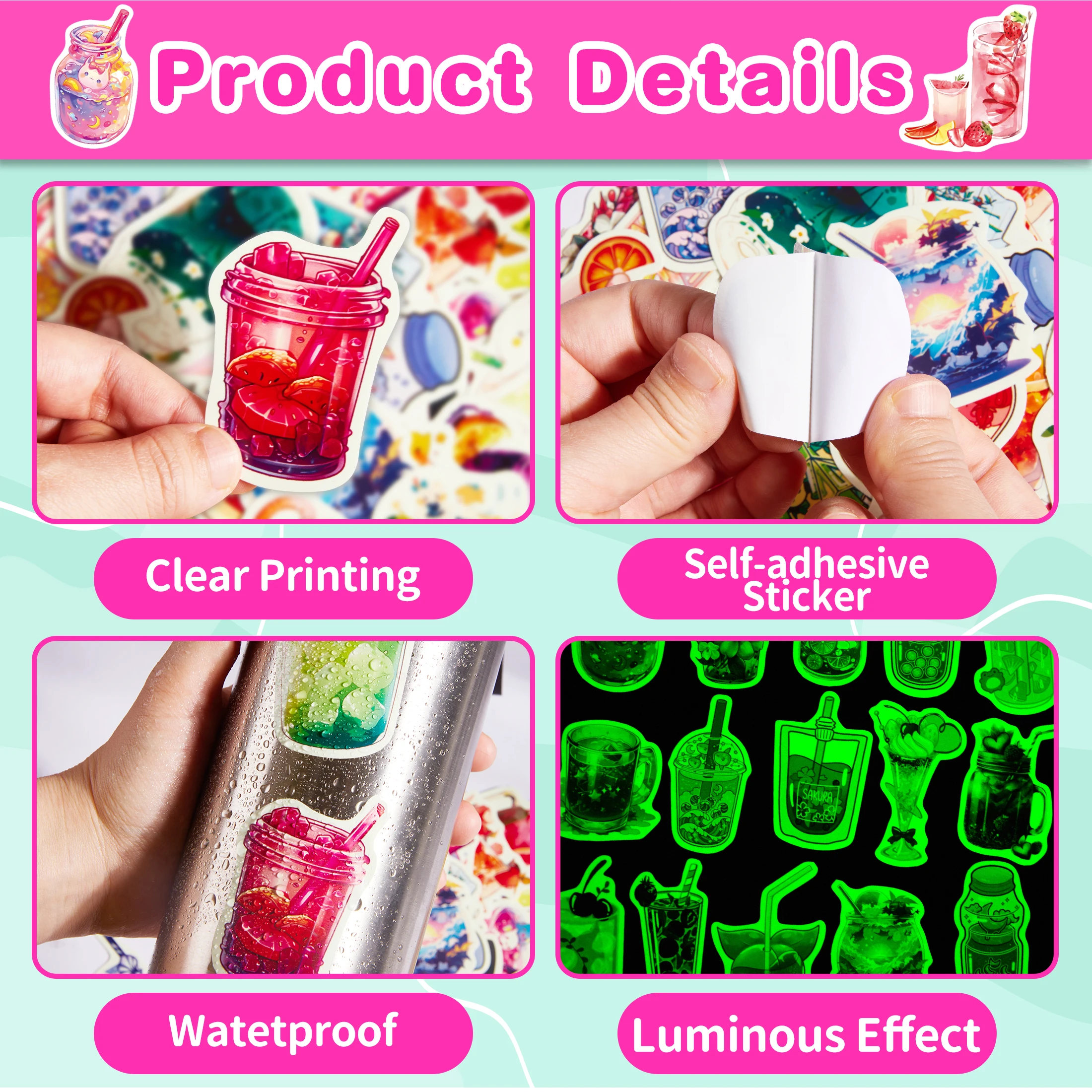 Glow in the Dark Stickers，51PCS Beveragest Water Bottle Pattern Stickers Skateboard Phone Case Waterproof Stickers