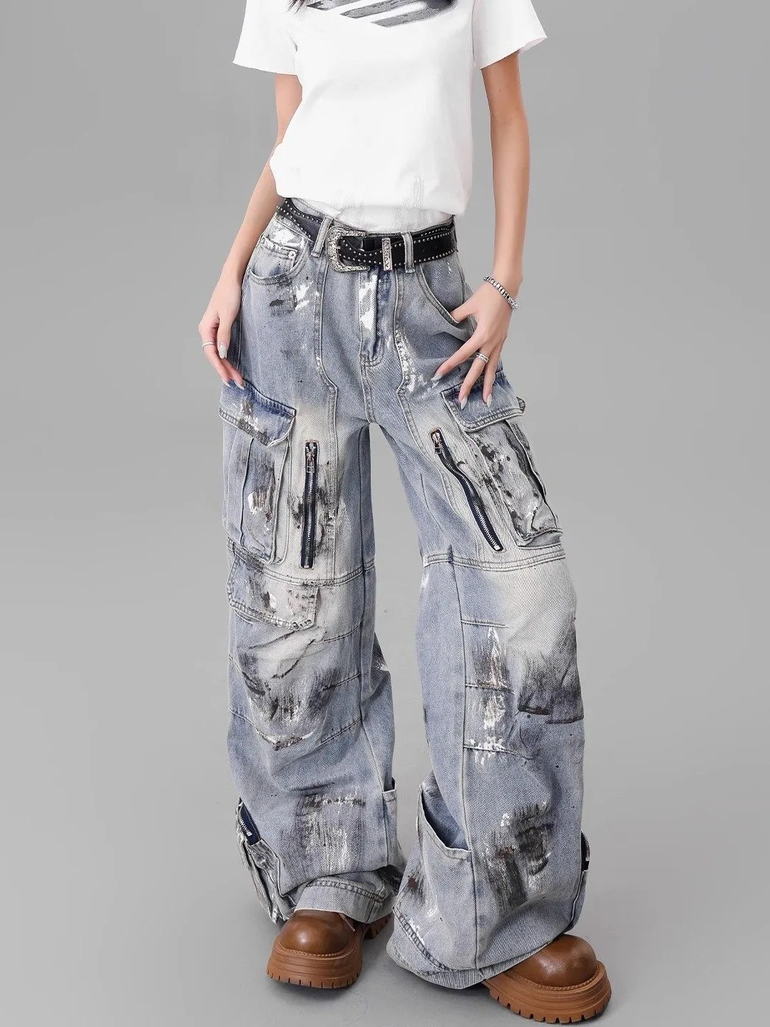 Plones Vaqueros de Trabajo para Hombre, Estilo Retro Americano, Resistentes, con Múltiples Bolsillos, Estilo fiti, Pi...